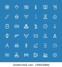 Editable 36 old icons for web and mobile. Set of old included icons line Sheriff, Fences, Photo film, Bench, Phonograph, Mayan pyramid, Coffee pot, Smartphone on blue background