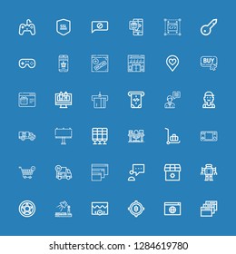 Editable 36 online icons for web and mobile. Set of online included icons line Browser, Bitcoin, Video, Study, Data protection, Robot, Shop, Blogger, Delivery on blue background