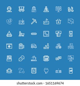 Editable 36 online icons for web and mobile. Set of online included icons line Message,, Learning, Bill, Chat, Robot, Online shop, Web site, Study, Cash machine on blue background