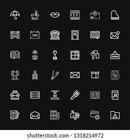 Editable 36 open icons for web and mobile. Set of open included icons line Folder, Mailbox, Lockers, Email, Guide, Audiobook, Book, Key, Box, Toolbox, Seed bag on black background