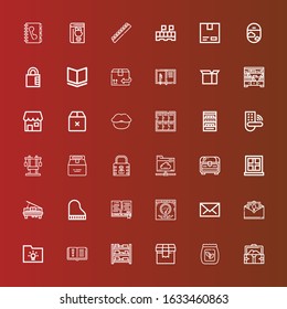 Editable 36 open icons for web and mobile. Set of open included icons line Treasure, Seed bag, Package, Shelves, Book, Folder, Greeting card, Email, Post, Piano, Window on red