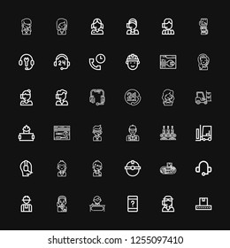 Editable 36 operator icons for web and mobile. Set of operator included icons line Conveyor, Call center, Customer service, Receptionist, Operator, Worker on black background