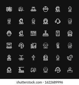 Editable 36 operator icons for web and mobile. Set of operator included icons line Receptionist, Support, Forklift, Conveyor, Call center, Worker, Mechanical arm on black background