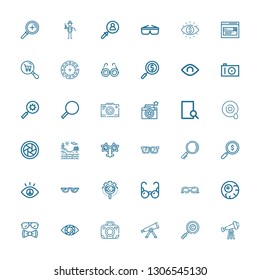 Editable 36 optical icons for web and mobile. Set of optical included icons line Telescope, Magnifying glass, Photo camera, Vision, Sunglasses, Eyeball, Glasses on white background