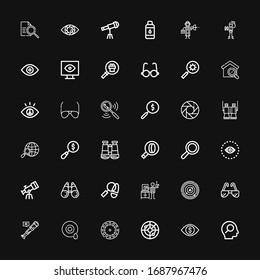 36 iconos ópticos editables para web y móvil. Conjunto óptico de iconos incluidos línea de búsqueda, visión, radar, esterooscopio, ojo, telescopio, gafas de sol, Detective sobre fondo negro