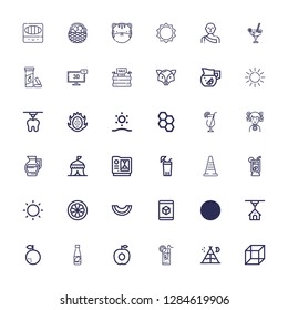 Editable 36 orange icons for web and mobile. Set of orange included icons line d, Tent, Lemonade, Apricot, Juice, Orange, Sun, Melon, Mangosteen, Traffic cone on white background