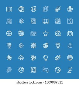 Editable 36 orbit icons for web and mobile. Set of orbit included icons line Satellite dish, Earth, Map, Worldwide, Global, Meteorite, Globe, Solar system, Spaceship on blue background