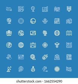 Editable 36 orbit icons for web and mobile. Set of orbit included icons line Map, Atom, Earth, Earth globe, Worldwide, Satellite dish, Meteorite, Pluto, Earth grid on blue background