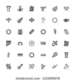 Editable 36 orchestra icons for web and mobile. Set of orchestra included icons line Cowbell, Trombone, Harp, Jazz, Mandolin, Maracas, Timpani, Maraca, Harmonica on white background