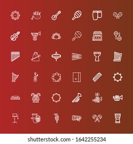 Editable 36 orchestra icons for web and mobile. Set of orchestra included icons line Timpani, Maracas, Xylophone, Trumpet, Tuba, Orchestra, Tambourine, Lyre, Harmonica on red