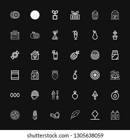Editable 36 organic icons for web and mobile. Set of organic included icons line Sauce, Tree, Leaf, Apple, Corn, Soy eggs, Apricot, Watermelon, Beet, Gardener on black background