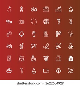 Editable 36 organic icons for web and mobile. Set of organic included icons line Chili, Leaf, Crop, Watermelon, Sprout, Salad, Plant, Milk, Beehive, Diary product, Trees on red