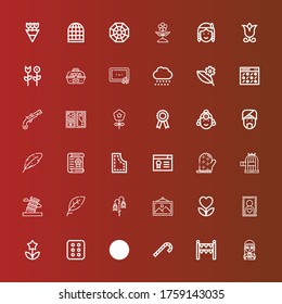 Editable 36 ornament icons for web and mobile. Set of ornament included icons line Gothic, Gate, Candy cane, Leaves, Cracker, Flower, Frame, Leaf, Pisa, Bird cage, Mitten on red