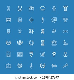 Editable 36 Ornate Icons For Web And Mobile. Set Of Ornate Included Icons Line Flower, Laurel, Frame, Om, Flowers, Snow, Column, Bow, Police Badge On Blue Background