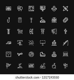 Editable 36 outdoor icons for web and mobile. Set of outdoor included icons line Paintball, Sand bucket, Mountains, Landscape, Bonfire, Feeder, Cabin, Apron on black background