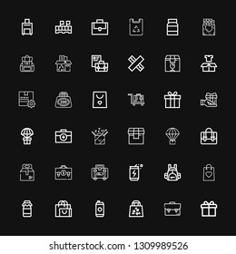 Editable 36 pack icons for web and mobile. Set of pack included icons line Gift, Suitcase, Bag, Energy drink, Shopping bag, Milk, Backpack, Briefcase, Take away on black background
