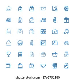 Editable 36 Pack Icons For Web And Mobile. Set Of Pack Included Icons Line Milk, Gift, Diaper, Shopping Bag, Package, Storage Box, Wet Wipes, Bag, Backpack On White Background