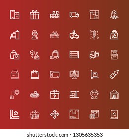 Editable 36 package icons for web and mobile. Set of package included icons line Paper bag, Package, Box, Move, Gift, Cube, Storehouse, Delivery man, Warehouse, Conveyor on red