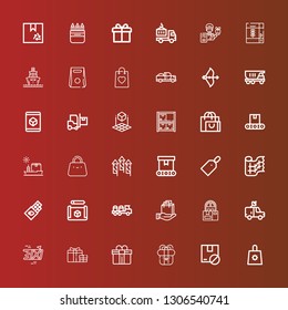 Editable 36 package icons for web and mobile. Set of package included icons line Shopping bag, Package, Present, Gift, Delivery, Van, Truck, Cube, Chocolate, Gauze, Price tag on red