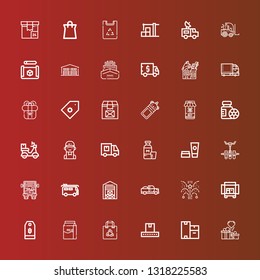 Editable 36 package icons for web and mobile. Set of package included icons line Gifts, Boxes, Conveyor, Shopping bag, Milk, Price tag, Truck, Fireworks, Pick up, Warehouse on red