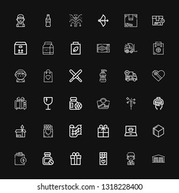 Editable 36 package icons for web and mobile. Set of package included icons line Warehouse, Courier, Chocolate, Gift, Bottle, Shopping bag, d cube, Shopping online on black background