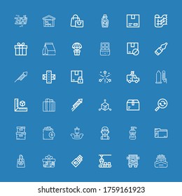 Editable 36 package icons for web and mobile. Set of package included icons line Ship, Delivery truck, Conveyor, Chocolate, Gift, Shopping bag, Scanner, Shampoo on blue background
