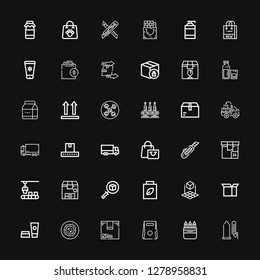 Editable 36 packaging icons for web and mobile. Set of packaging included icons line Condom, Pencil box, Take away, Box, Vegan food, Cosmetics, Package, d cube on black background