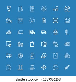 Editable 36 packaging icons for web and mobile. Set of packaging included icons line Cutter, Take away, Move, Conveyor, Side up, Shopping bag, Truck, Paper bag on blue background