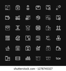 Editable 36 packing icons for web and mobile. Set of packing included icons line Box, Package, Boxes, Dark beer, Side up on black background