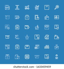 Editable 36 packing icons for web and mobile. Set of packing included icons line Box, Package, Boxes, Dark beer, Packing, Parcel on blue background