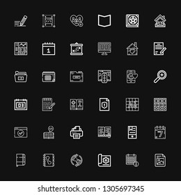 Editable 36 page icons for web and mobile. Set of page included icons line File, Calendar, Document, Waiting, Phone book, Notebook, Events, Ebook, Book, Printer on black background