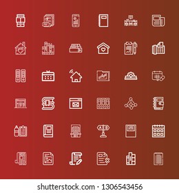 Editable 36 page icons for web and mobile. Set of page included icons line Note, Books, File, Contract, News, Calendar, Workbook, Test, Book, Check list, Notebook, Contact on red