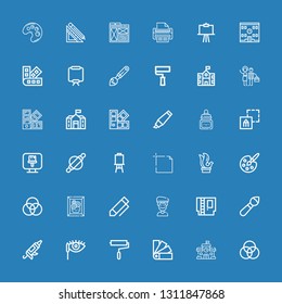 Editable 36 paint icons for web and mobile. Set of paint included icons line Rgb, School, Swatches, Paint roller, Mascara, Caulk gun, Brush, Cartridge, Artist on blue background