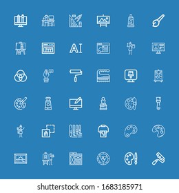 Editable 36 paintbrush icons for web and mobile. Set of paintbrush included icons line Paint roller, Palette, Color palette, Layout, Artist, Painting, Paint bucket on blue background