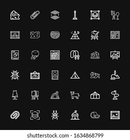 Editable 36 painting icons for web and mobile. Set of painting included icons line Painting, Cheese, Tent, Beetle, Layers, Paper clip, Sign Post, Cow, Pottery on black background