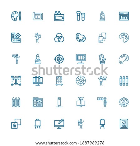 Editable 36 palette icons for web and mobile. Set of palette included icons line Painting, Canvas, Graphic designer, Graphic design, Design, Crayon, Layout on white background