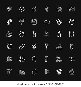 Editable 36 palm icons for web and mobile. Set of palm included icons line Sand bucket, Fern, Pirate, Coconut, Travel, Pirates, Swimsuit, Oasis, Toucan, Hammocks on black background