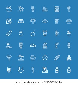 Editable 36 palm icons for web and mobile. Set of palm included icons line Sun cream, Oasis, Surfboard, Coconut, Bikini, Thailand, Summer, Cell, Island, Palm tree on blue background