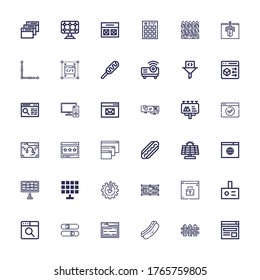 Editable 36 panel icons for web and mobile. Set of panel included icons line Browser, Fence, Hot dog, Sliders, Projector, Power, Solar panel, Billboard, Balcony on white background