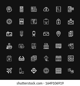 Editable 36 paper icons for web and mobile. Set of paper included icons line Notepad, Calendar, Dollar, Origami, Glue, Plane, Calculate, Crayon, Kite, Picture on black background