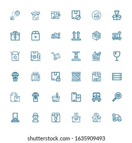 Editable 36 parcel icons for web and mobile. Set of parcel included icons line Delivery, Recycling box, Box, Package, Delivery man, Van, Boxes, Gift, Fragile on white background