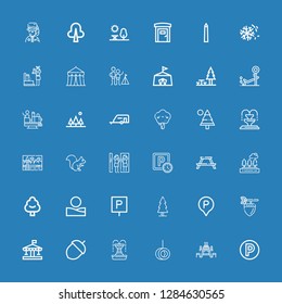 Editable 36 park icons for web and mobile. Set of park included icons line Parking, Picnic table, Swing, Fountain, Acorn, Carousel, Tree, Desert, Trees, Amusement park on blue background