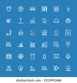 Editable 36 park icons for web and mobile. Set of park included icons line Fountain, Tree, Caravan, Bumper car, Swing, Forest, Parking, Ferris wheel, Carousel on blue background
