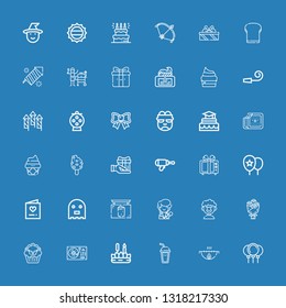 Editable 36 party icons for web and mobile. Set of party included icons line Balloons, Grill, Soda, Candle, Turntable, Cupcake, Bouquet, Clown, Singer, Pub on blue background