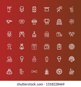 Editable 36 party icons for web and mobile. Set of party included icons line Champagne, Can, Candle, Bow, Fireworks, Dress, Stroopwafel, Ice cream, Cupcake, Barman, Barbecue on red