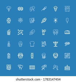 Editable 36 party icons for web and mobile. Set of party included icons line Cake, Cheers, Barbecue, Cupcake, Balloon, Invitation, Bbq, Dracula, Singer, Candy on blue background