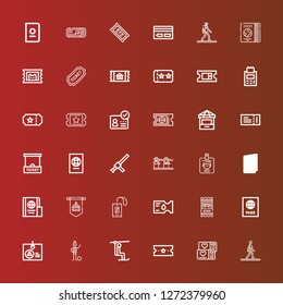 Editable 36 pass icons for web and mobile. Set of pass included icons line Walking, Ticket, Chairlift, Football player, Identification, Passport, Bus ticket, Pass, Standard on red