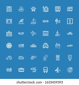 Editable 36 passenger icons for web and mobile. Set of passenger included icons line Shipping, Planes, Bus, Helicopter, Train, Cargo ship, Flight information on blue background