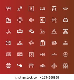 Editable 36 passenger icons for web and mobile. Set of passenger included icons line Seats, Aeroplane, Train station, Train, Helicopter, Railway, Boat, Airplane, Metal detector on red