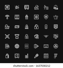 Editable 36 password icons for web and mobile. Set of password included icons line Atm, Locker, Key, Bug, Safebox, Padlock, Keypad, Login, Lockers, Data protection on black background